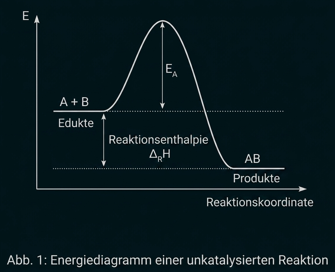 Energieprofil einer chemischen Reaktion ohne Katalyse, mit Aktivierungsenergie und Reaktionsenthalpie.